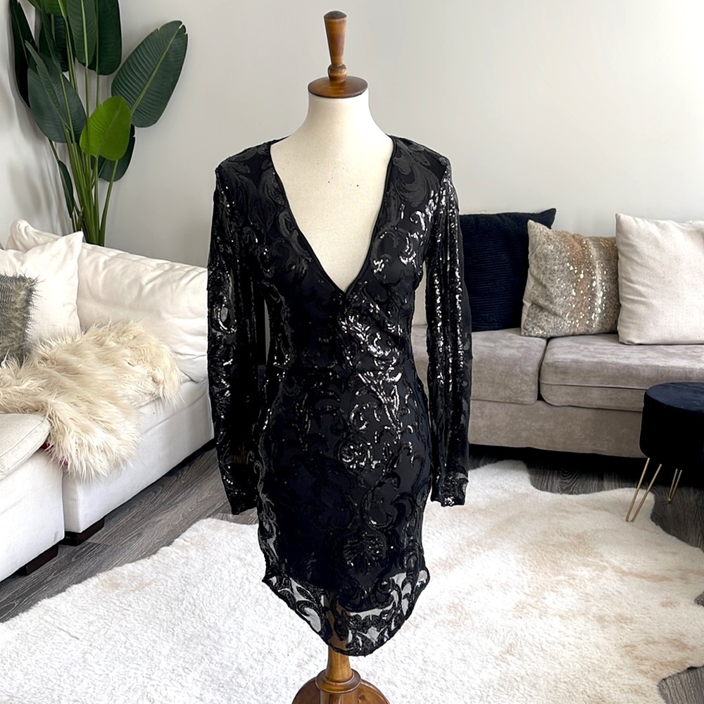 Sequin embellished deep V sheer long sleeved dress